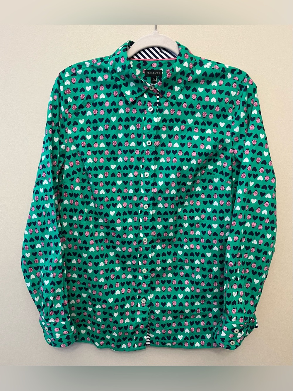 NWT Talbots Ladybug Heart Button Up Shirt Women's Size Small Green